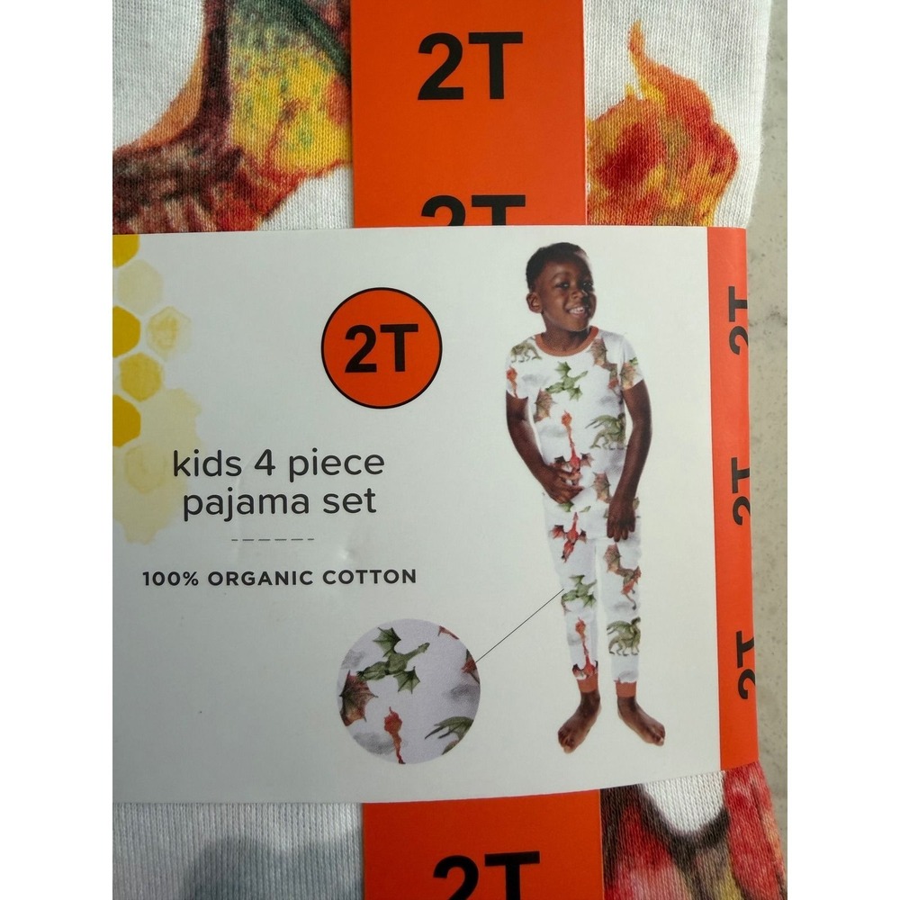 1. Burts Bees Kids 2T Pajama Set 4pc Organic Cotton Dragons Wolves Green  NEW